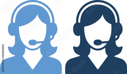 Two business women wearing headsets and microphones in blue shades