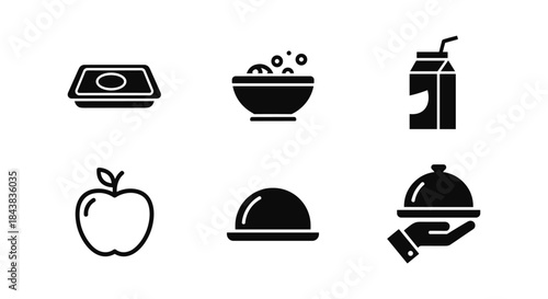 Minimalist food and beverage icons: black silhouettes of meals and drinks