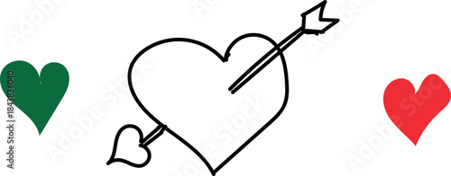 A line drawing of a heart pierced by an arrow with two colored hearts on either side on a