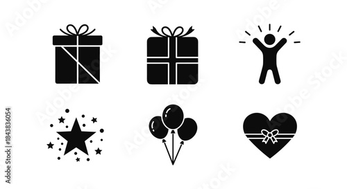 Minimalist celebration icons: gift box, balloons, heart, star, and joyful figure
