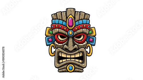 Cartoon tiki mask vector illustration, Hawaii totem face, stone tribal Aztec warrior head, isolated on white. Tropical maya native culture sculpture, primitive traditional art. Ritual tiki mask, jewel