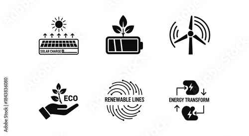 Eco energy icons: renewable sources and sustainable technology symbols