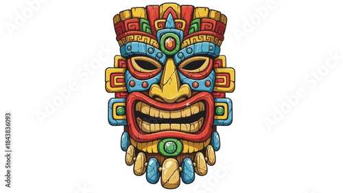 Cartoon tiki mask vector illustration, Hawaii totem face, stone tribal Aztec warrior head, isolated on white. Tropical maya native culture sculpture, primitive traditional art. Ritual tiki mask, jewel