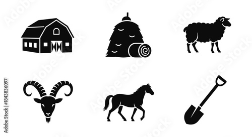 Farm elements in black silhouette: barn, haystack, black sheep, goat, horse, shovel