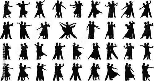 Black Silhouette Ballroom Dancing Couples Set: Tango, Waltz, and Salsa Dancers Collection for Social Party or Event Vector