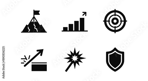 Silhouette icons of success and security: achievement, growth, and protection symbols
