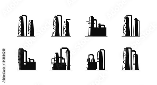 Industrial buildings icon set: collection of silhouette factory structures
