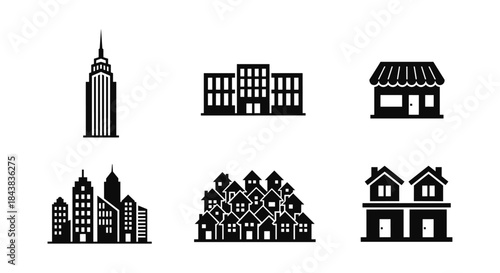 Cityscape silhouettes: iconic buildings and houses in minimalist black design