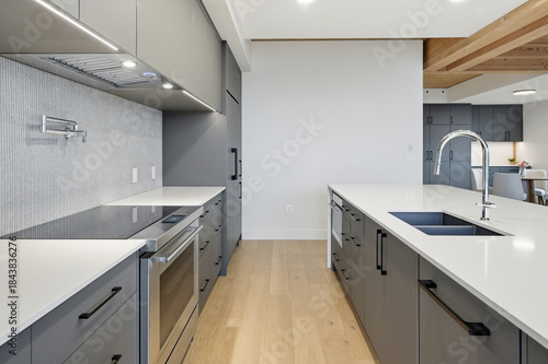 Modern kitchen with a white countertop and a black sink