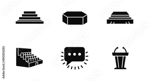 Silhouette icons of stages, podiums, and speech elements for event design
