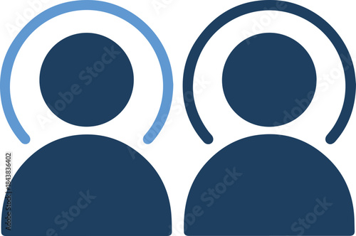 Two navy blue people icons with headset and circle