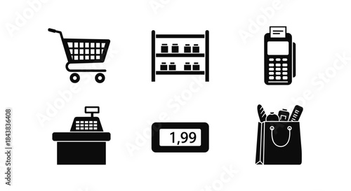 Simple icons of shopping cart, products on shelf, checkout process, price tag, and grocery bag