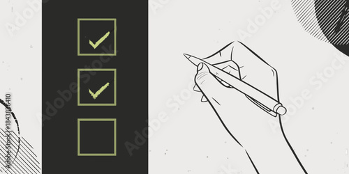 Hand using a pen to check boxes in a minimalist style illustration