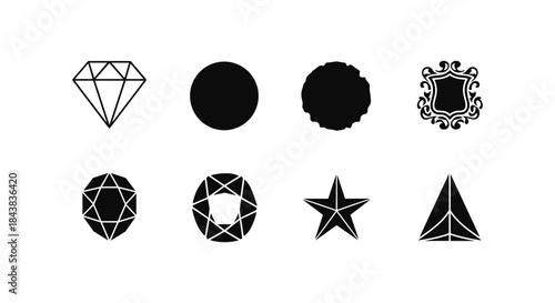 Geometric and ornate black icon set featuring gems, stars, and shields