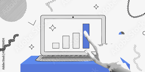 A hand interacting with a laptop displaying a bar graph illustration