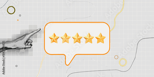 Hand pointing to a speech bubble with five golden stars representing a positive rating
