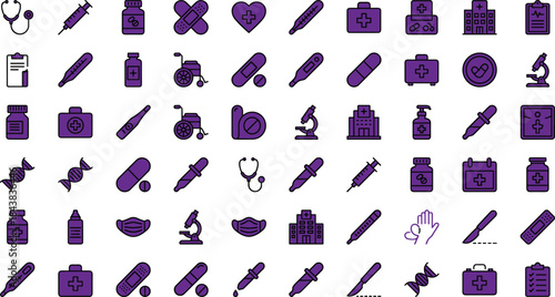 Medical icon set, healthcare symbols, equipment and facilities, purple blue theme, cartoon style, hospital and pharmaceutical vector pack