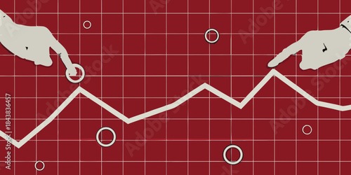 Hands interacting with a line graph on a red grid background