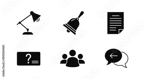 Minimalist icons set: lamp, bell, document, id, group, chat