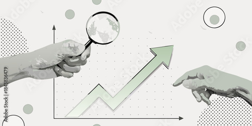 Investigating growth hands examine an upward trend with a magnifying glass