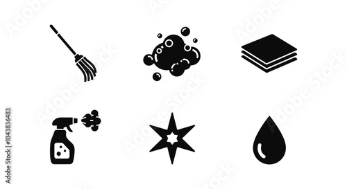 Essential cleaning icons: broom, bubbles, cloths, spray, star, water drop