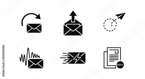 Email icon set in flat style featuring send, reply, and receive symbols