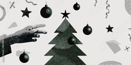 A festive collage featuring a hand reaching for a christmas tree and ornaments