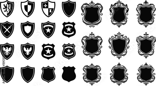 Shield icon collection, heraldic emblems, fantasy symbols, security badges, black red white design, medieval and decorative vector set