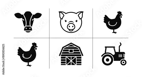 Farm animal icons set featuring cow, pig, chicken, barn, and tractor in silhouette style