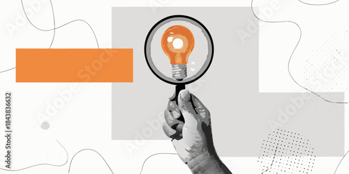 A hand holding a magnifying glass over a glowing light bulb illustration