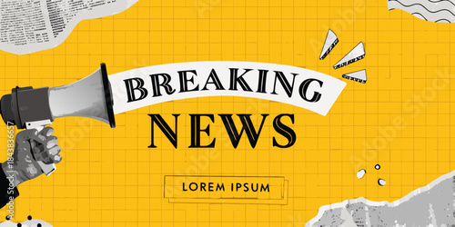 Breaking news announcement with a megaphone over a yellow grid background