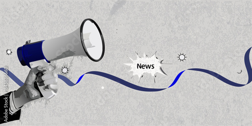 A hand holding a megaphone broadcasting news with a dynamic visual effect