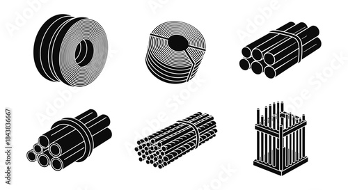Set of industrial metal ropes and bars in black and white silhouette style