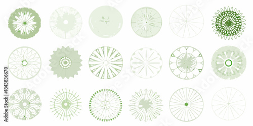 Abstract green circular patterns arranged in a grid on a white background