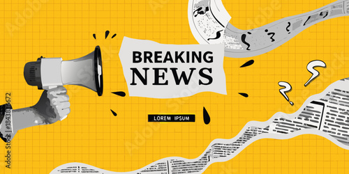 Breaking news announcement with megaphone paper scraps and a sneaker on yellow