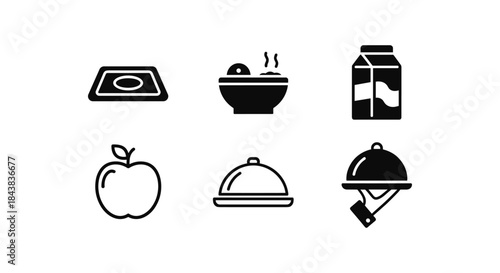 Minimalist black and white food icons set featuring diverse dining items