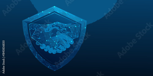 Digital security concept a handshake within a glowing shield illustration