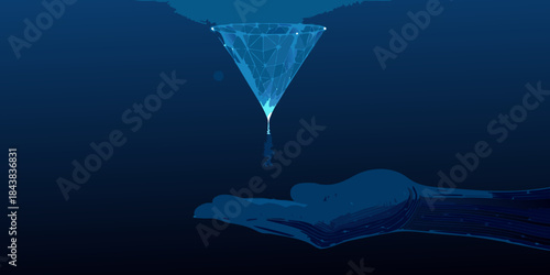 A glowing beam of light descends toward an open hand in deep water