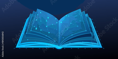 An open book emitting a digital glowing network of data and light