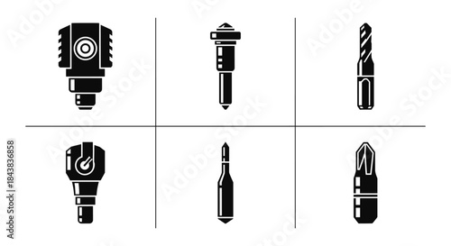 Industrial tool silhouettes: drill bits and cutting heads in monochrome grids