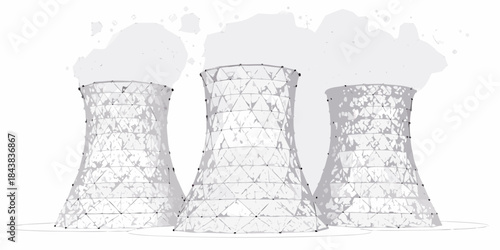 Wireframe illustration of three cooling towers against a white background