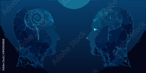 Two fractured human heads facing each other in a dark abstract composition