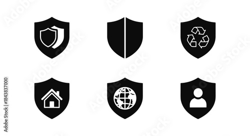 Set of black shield icons with recycling, home, globe, and user symbols