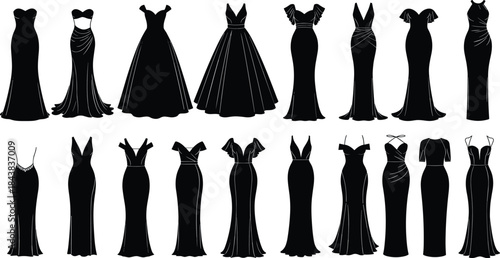 Elegant Evening Gown and Cocktail Dress Silhouette Vector Set, Women's Fashion Apparel Collection, Formal Wear, Prom, Party, and Wedding Attire.