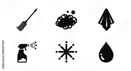 Cleanliness icons: minimalist black and white symbols for hygiene and sanitation