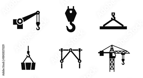 Black silhouette collection of industrial crane icons for construction design