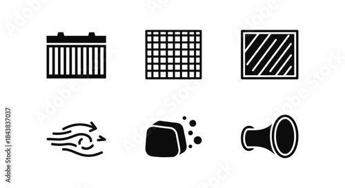 Set of linear car filters and cleaning icons in black and white