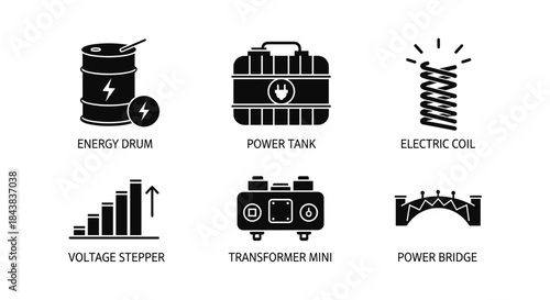 Set of silhouette icons featuring energy drum, power tank, electric coil, voltage stepper, transformer, and power bridge