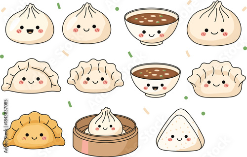 Cute Cartoon Dumpling, Bun, and Soup Bowl Vector Set, Asian Food, Dim Sum, Chinese Cuisine, and Kawaii Character Illustration.