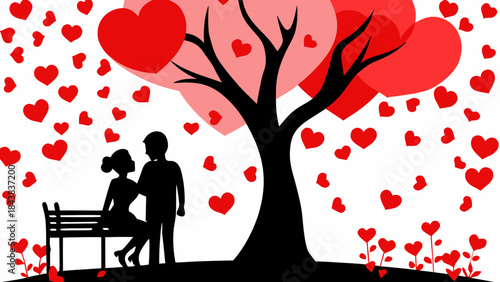 A romantic silhouette illustration of a couple under a heart tree with falling hearts